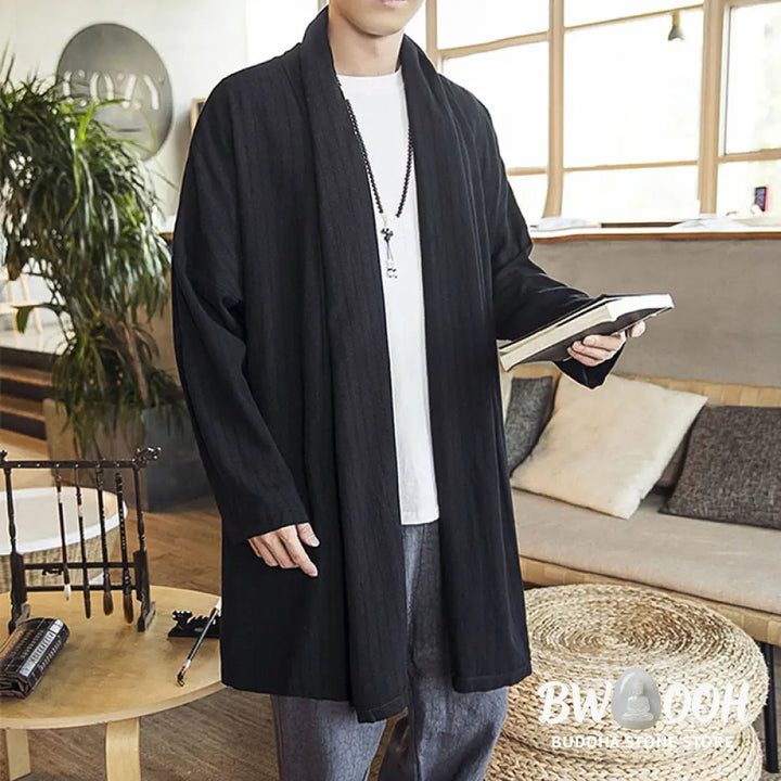 Buddha Stones Fall Simple Casual Loose Plain Linen Blend Men’s Mid-length Coat Clothing - Men’s Coat