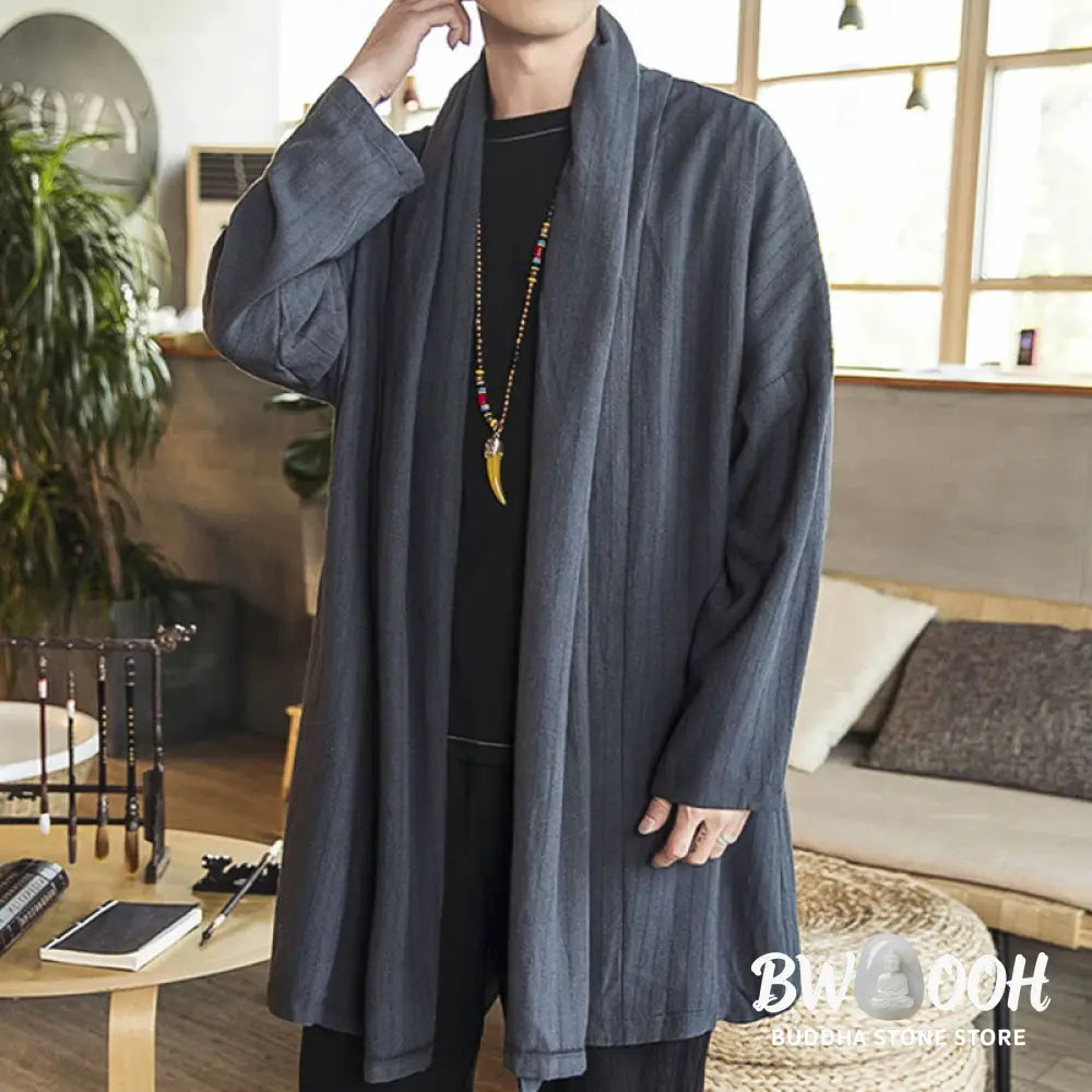 Buddha Stones Fall Simple Casual Loose Plain Linen Blend Men’s Mid-length Coat Clothing - Men’s Coat