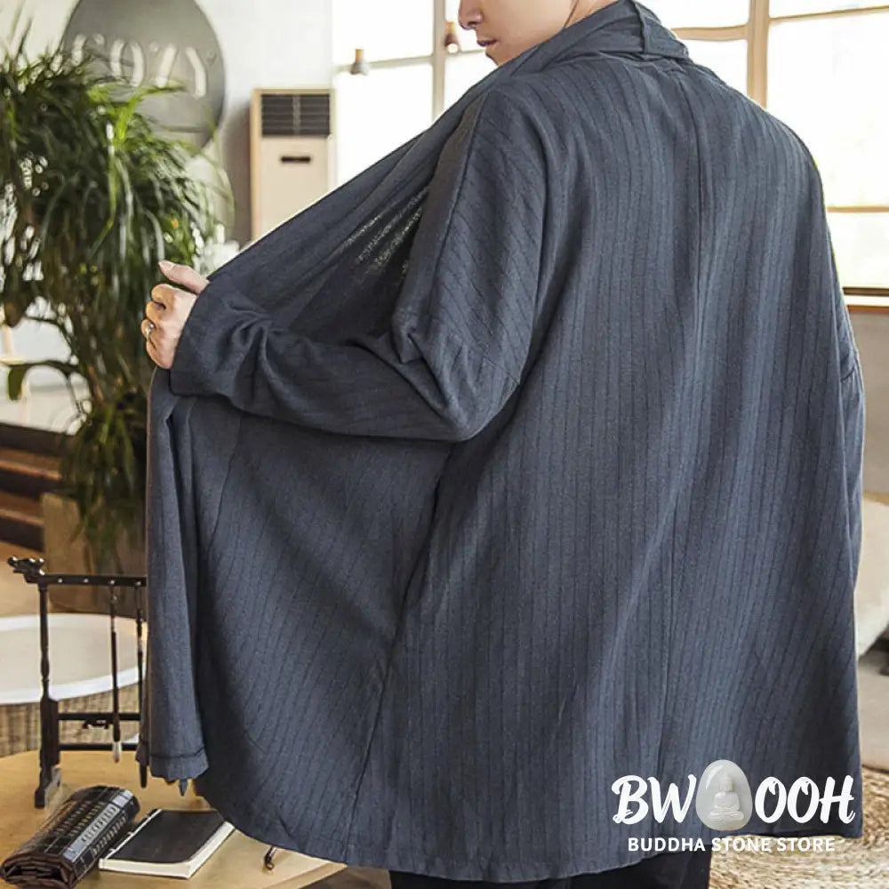Buddha Stones Fall Simple Casual Loose Plain Linen Blend Men’s Mid-length Coat Clothing - Men’s Coat