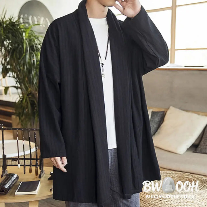 Buddha Stones Fall Simple Casual Loose Plain Linen Blend Men’s Mid-length Coat Clothing - Men’s Coat