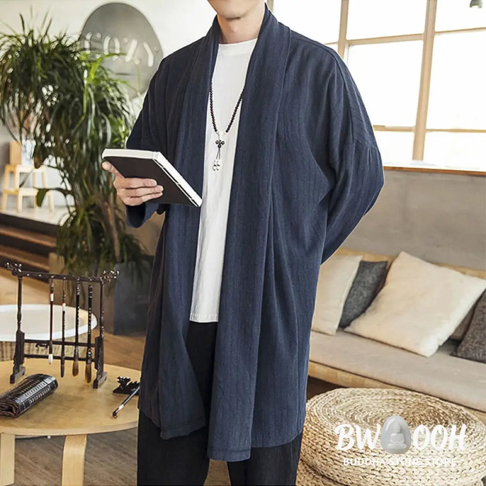 Buddha Stones Fall Simple Casual Loose Plain Linen Blend Men’s Mid-length Coat Clothing - Men’s Coat