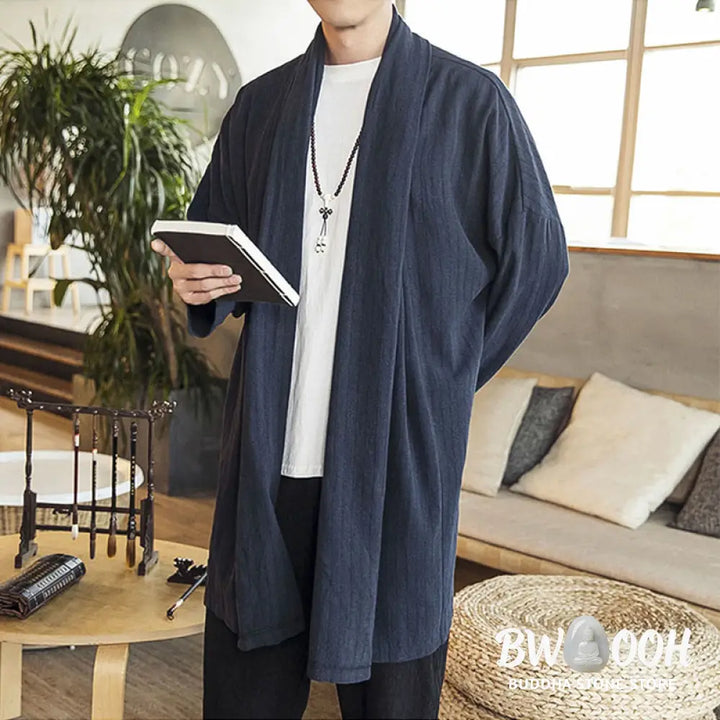 Buddha Stones Fall Simple Casual Loose Plain Linen Blend Men’s Mid-length Coat Clothing - Men’s Coat