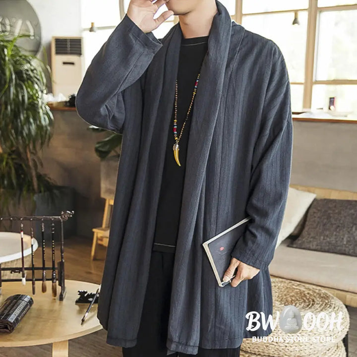 Buddha Stones Fall Simple Casual Loose Plain Linen Blend Men’s Mid-length Coat Clothing - Men’s Coat