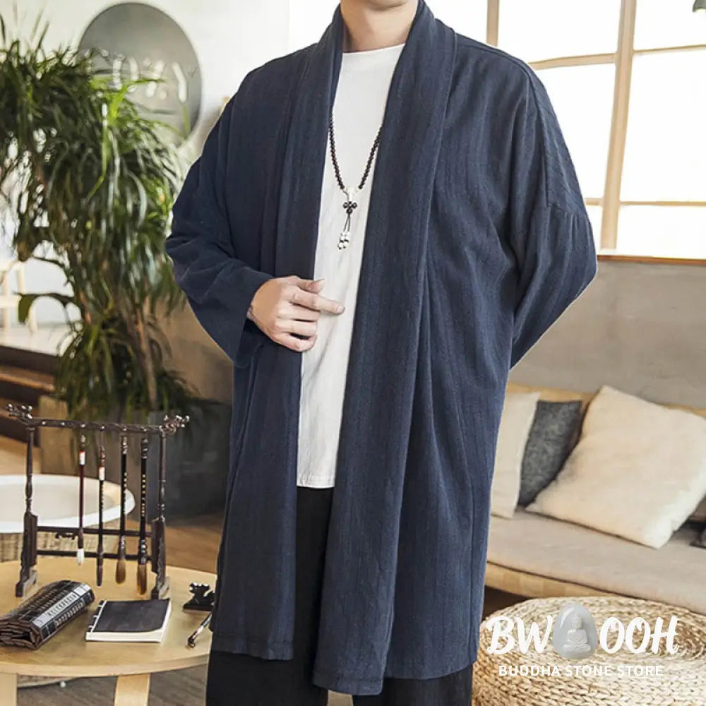 Buddha Stones Fall Simple Casual Loose Plain Linen Blend Men’s Mid-length Coat Clothing - Men’s Coat