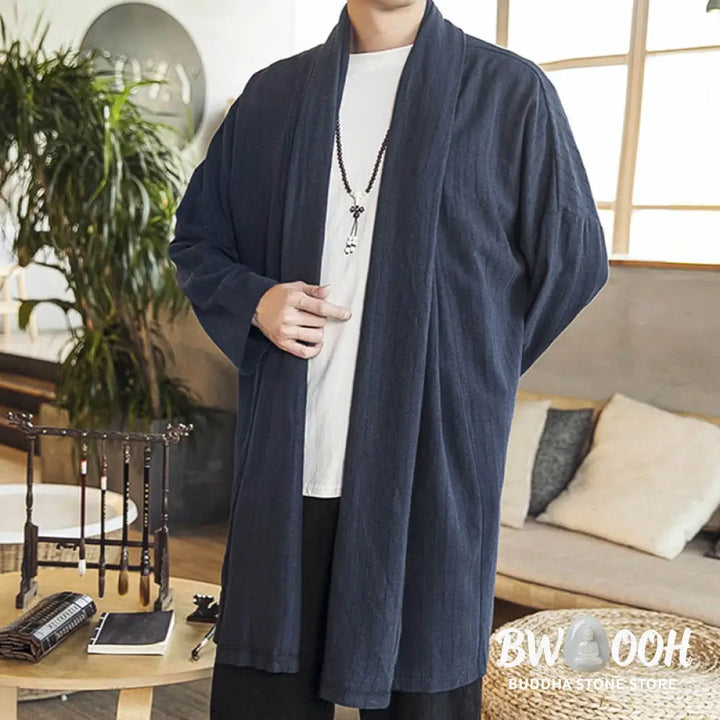 Buddha Stones Fall Simple Casual Loose Plain Linen Blend Men’s Mid-length Coat Clothing - Men’s Coat