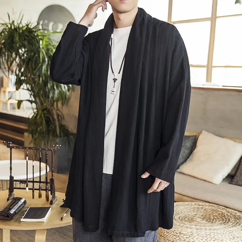 Buddha Stones Fall Simple Casual Loose Plain Linen Blend Men’s Mid-length Coat Clothing - Black / US/UK/AU34，EU44 (M)