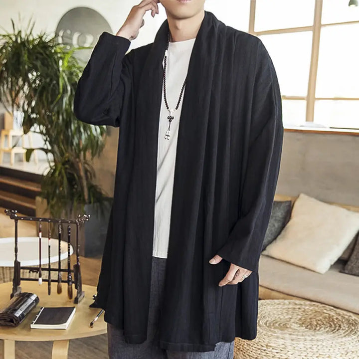 Buddha Stones Fall Simple Casual Loose Plain Linen Blend Men’s Mid-length Coat Clothing - Black / US/UK/AU34，EU44 (M)