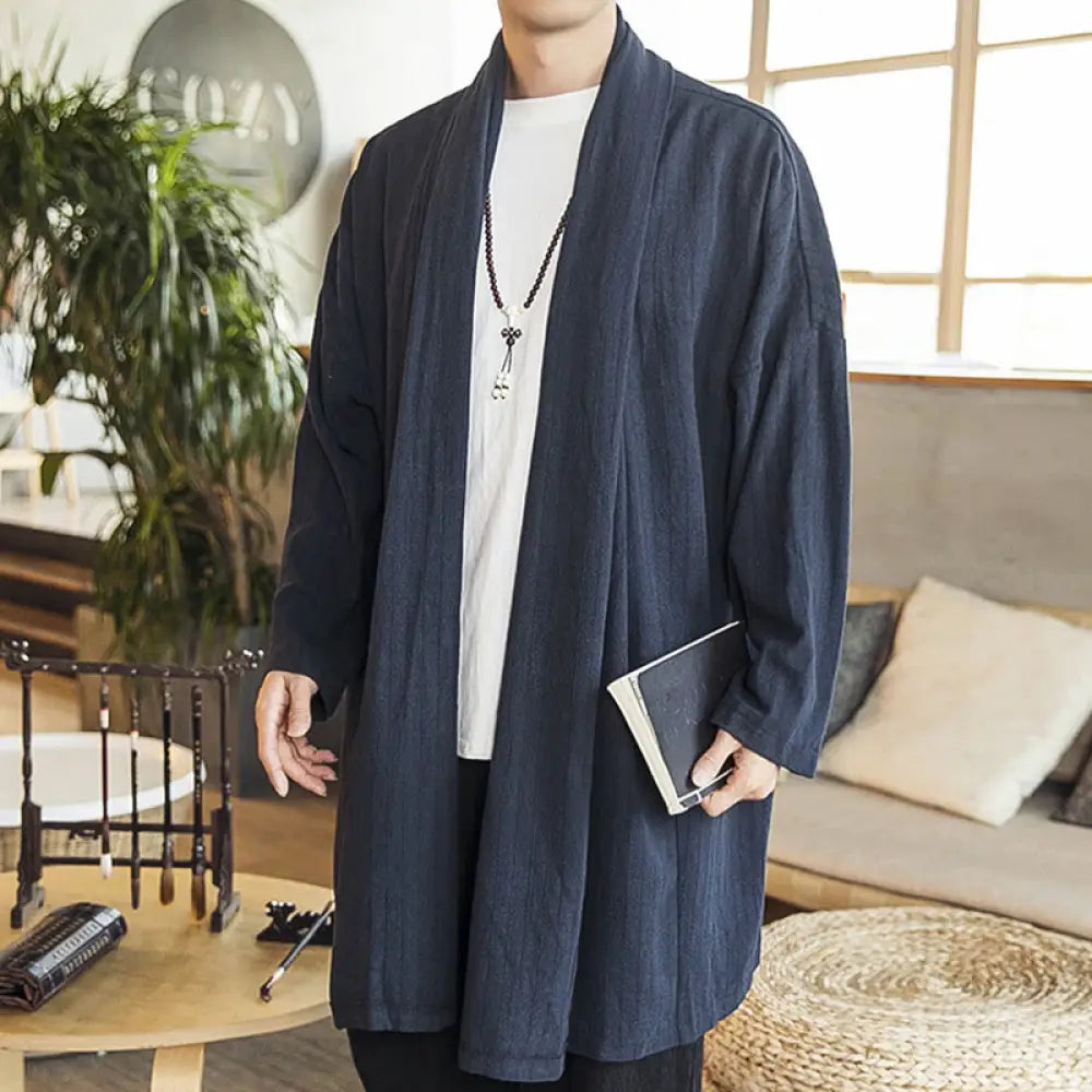Buddha Stones Fall Simple Casual Loose Plain Linen Blend Men’s Mid-length Coat Clothing - SteelBlue / US/UK/AU34，EU44