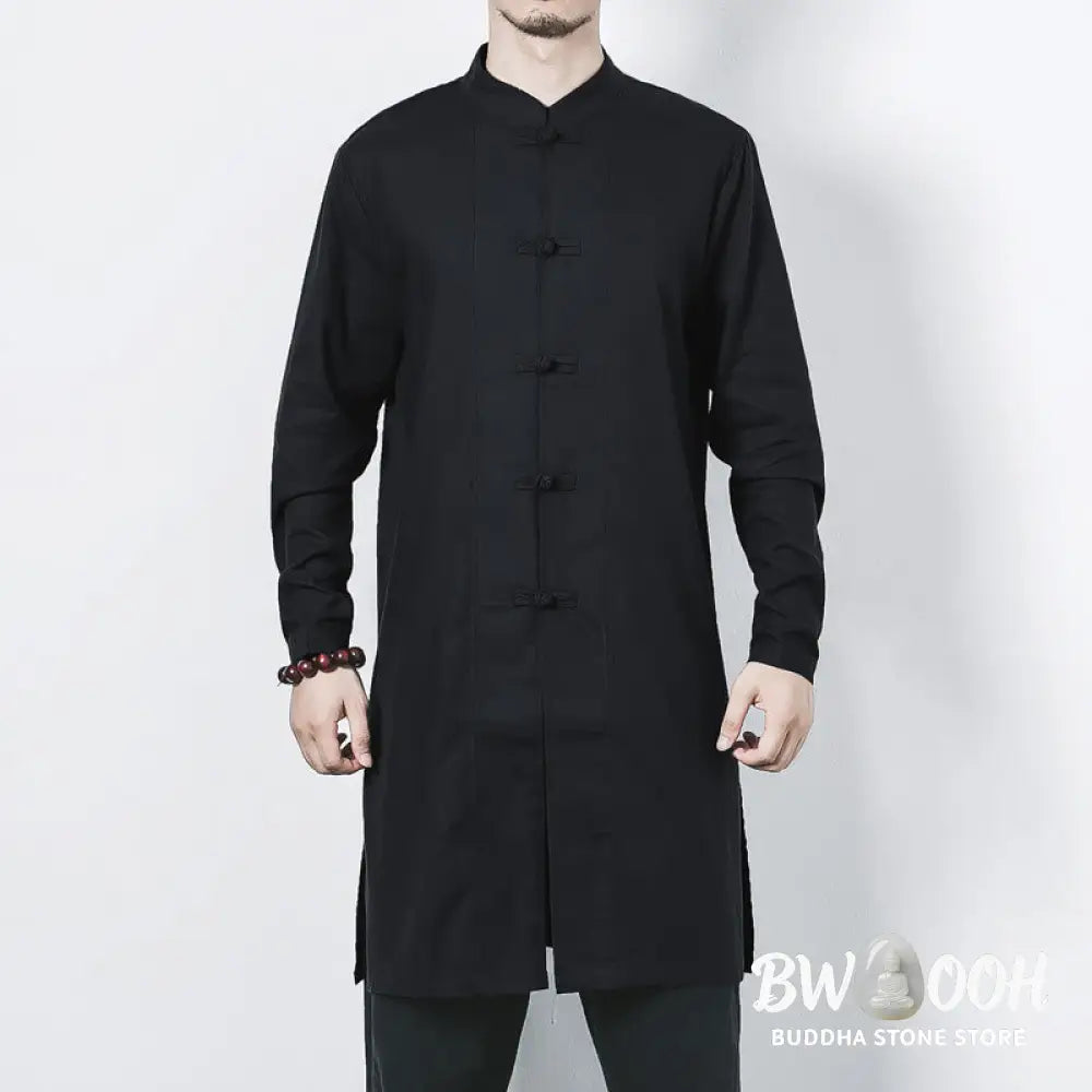 Buddha Stones Fall Simple Frog-Button Linen Men’s Mid-length Coat Zen Clothing - Men’s Coat