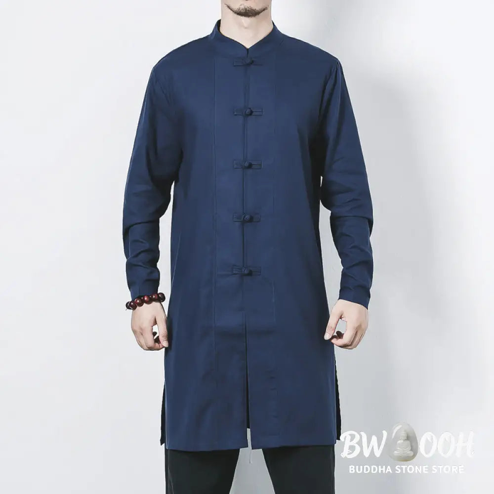 Buddha Stones Fall Simple Frog-Button Linen Men’s Mid-length Coat Zen Clothing - Men’s Coat