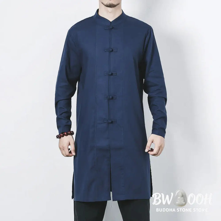 Buddha Stones Fall Simple Frog-Button Linen Men’s Mid-length Coat Zen Clothing - Men’s Coat