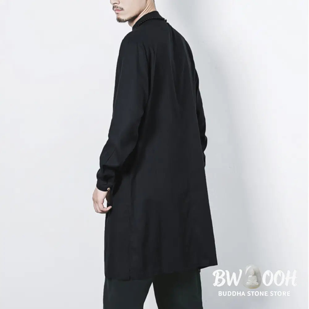 Buddha Stones Fall Simple Frog-Button Linen Men’s Mid-length Coat Zen Clothing - Men’s Coat