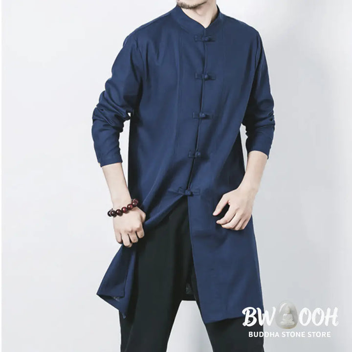 Buddha Stones Fall Simple Frog-Button Linen Men’s Mid-length Coat Zen Clothing - Men’s Coat