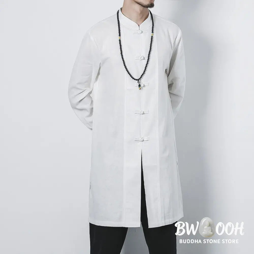 Buddha Stones Fall Simple Frog-Button Linen Men’s Mid-length Coat Zen Clothing - Men’s Coat