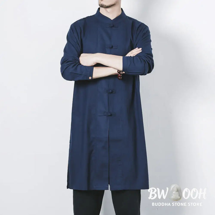 Buddha Stones Fall Simple Frog-Button Linen Men’s Mid-length Coat Zen Clothing - Men’s Coat
