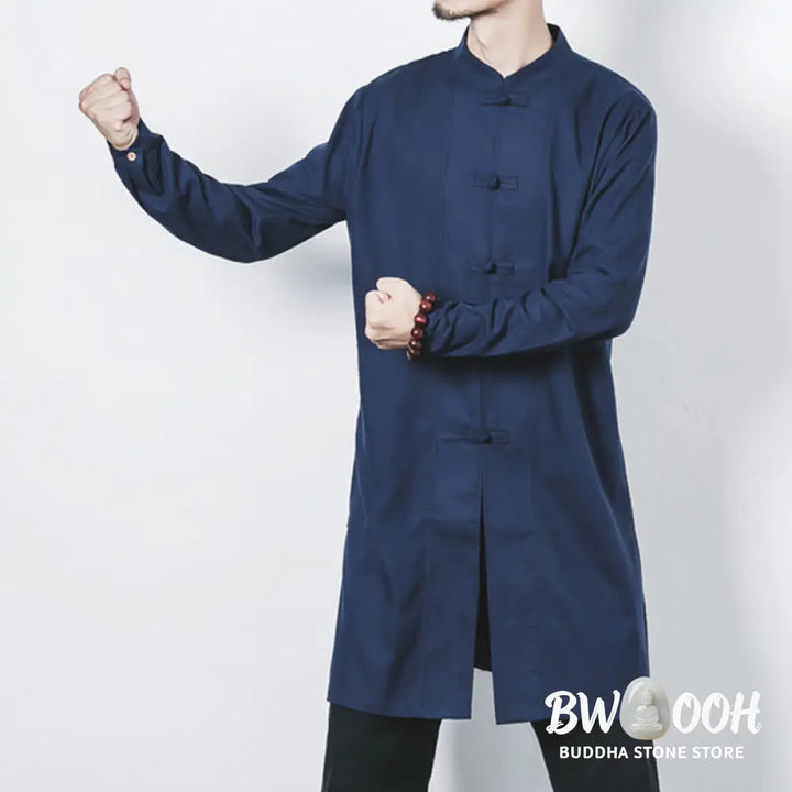Buddha Stones Fall Simple Frog-Button Linen Men’s Mid-length Coat Zen Clothing - Men’s Coat