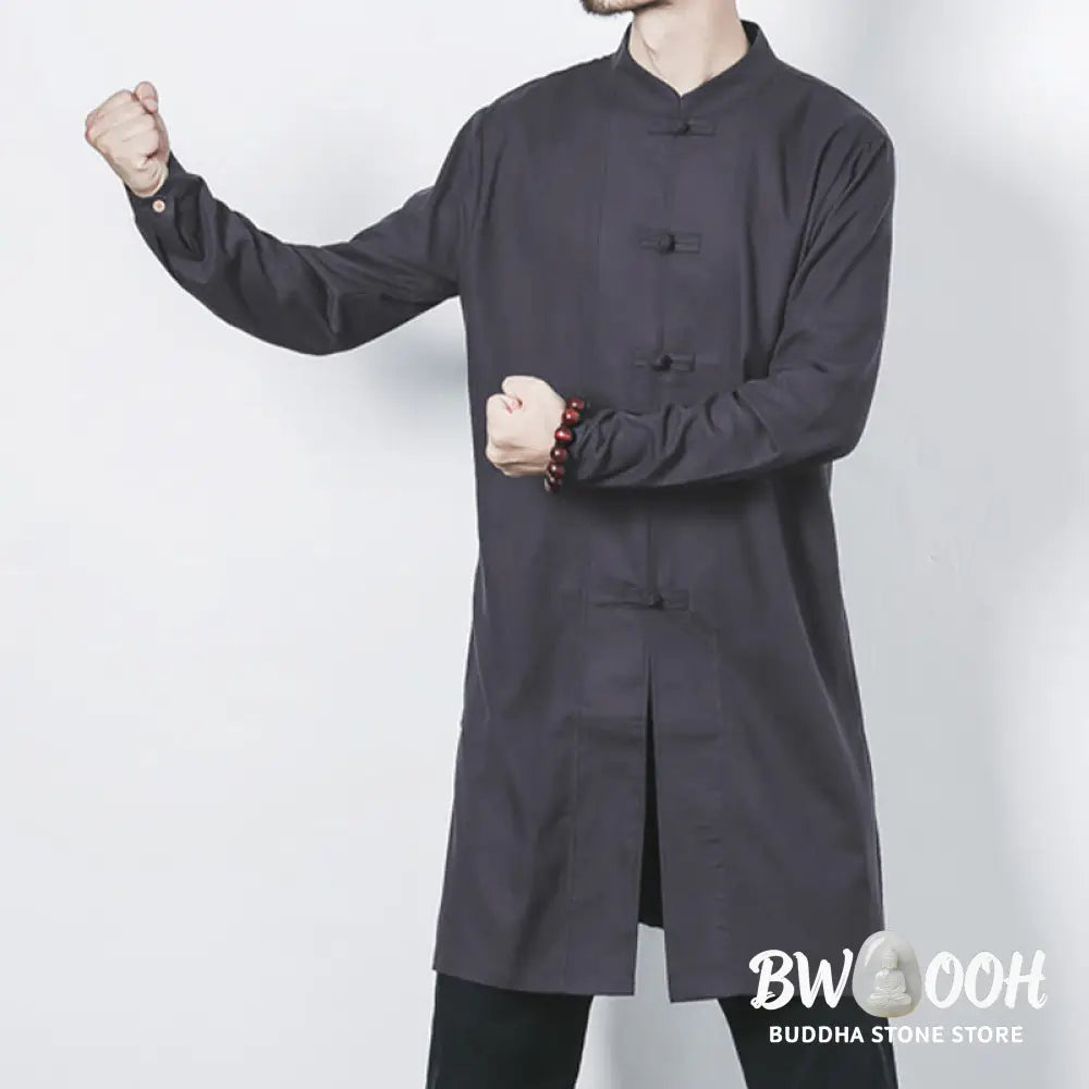 Buddha Stones Fall Simple Frog-Button Linen Men’s Mid-length Coat Zen Clothing - Men’s Coat
