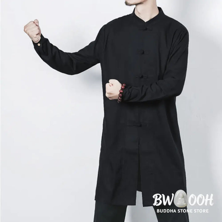 Buddha Stones Fall Simple Frog-Button Linen Men’s Mid-length Coat Zen Clothing - Men’s Coat