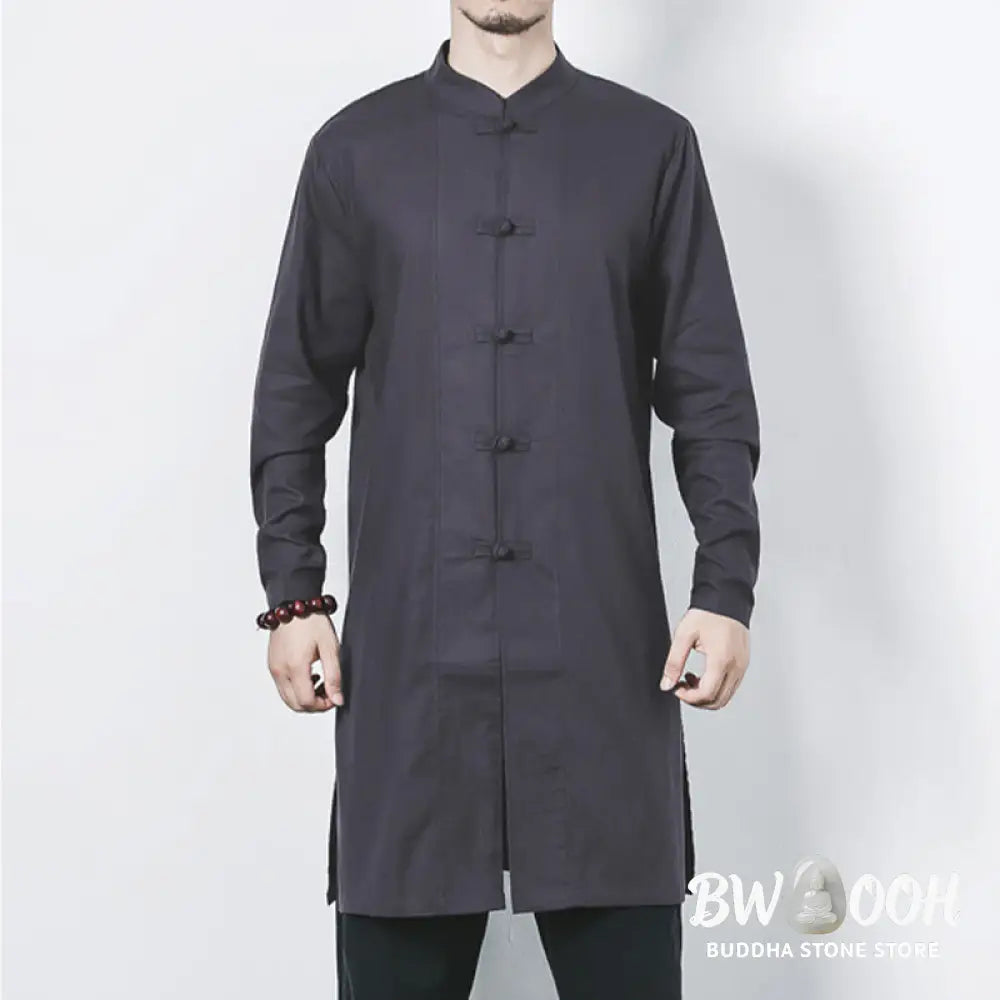 Buddha Stones Fall Simple Frog-Button Linen Men’s Mid-length Coat Zen Clothing - Men’s Coat