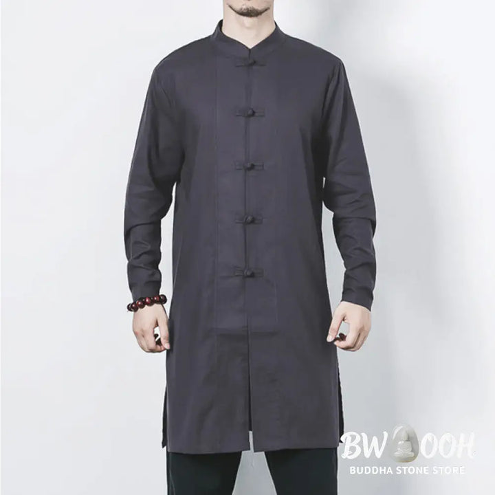 Buddha Stones Fall Simple Frog-Button Linen Men’s Mid-length Coat Zen Clothing - Men’s Coat