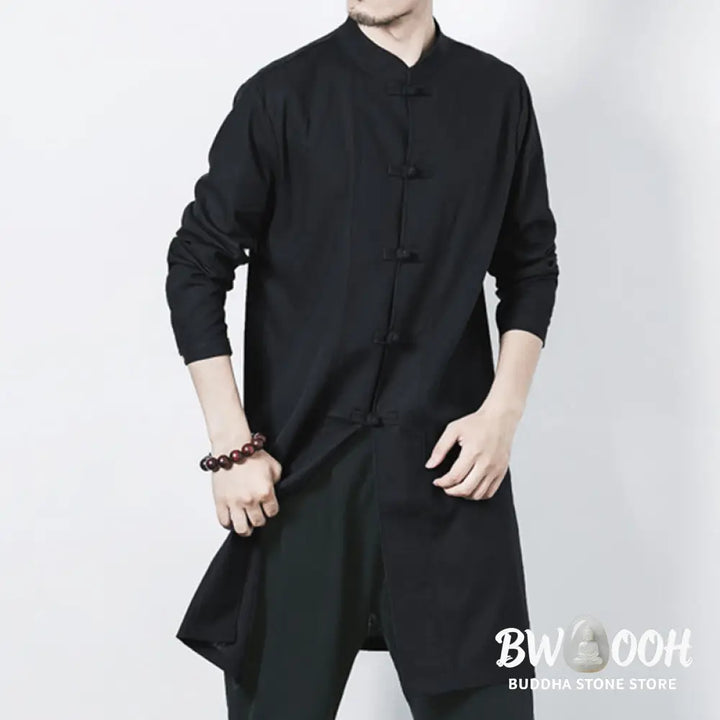Buddha Stones Fall Simple Frog-Button Linen Men’s Mid-length Coat Zen Clothing - Men’s Coat