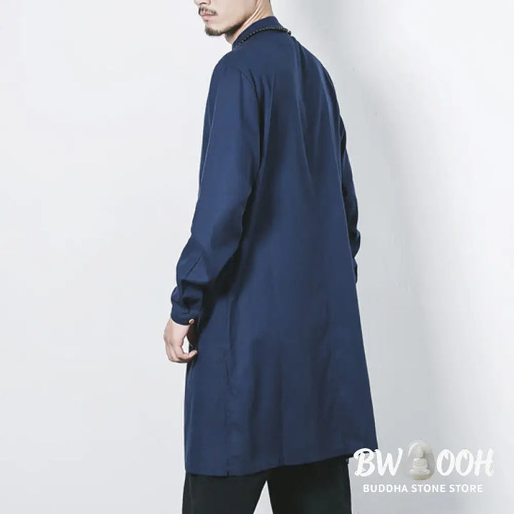 Buddha Stones Fall Simple Frog-Button Linen Men’s Mid-length Coat Zen Clothing - Men’s Coat