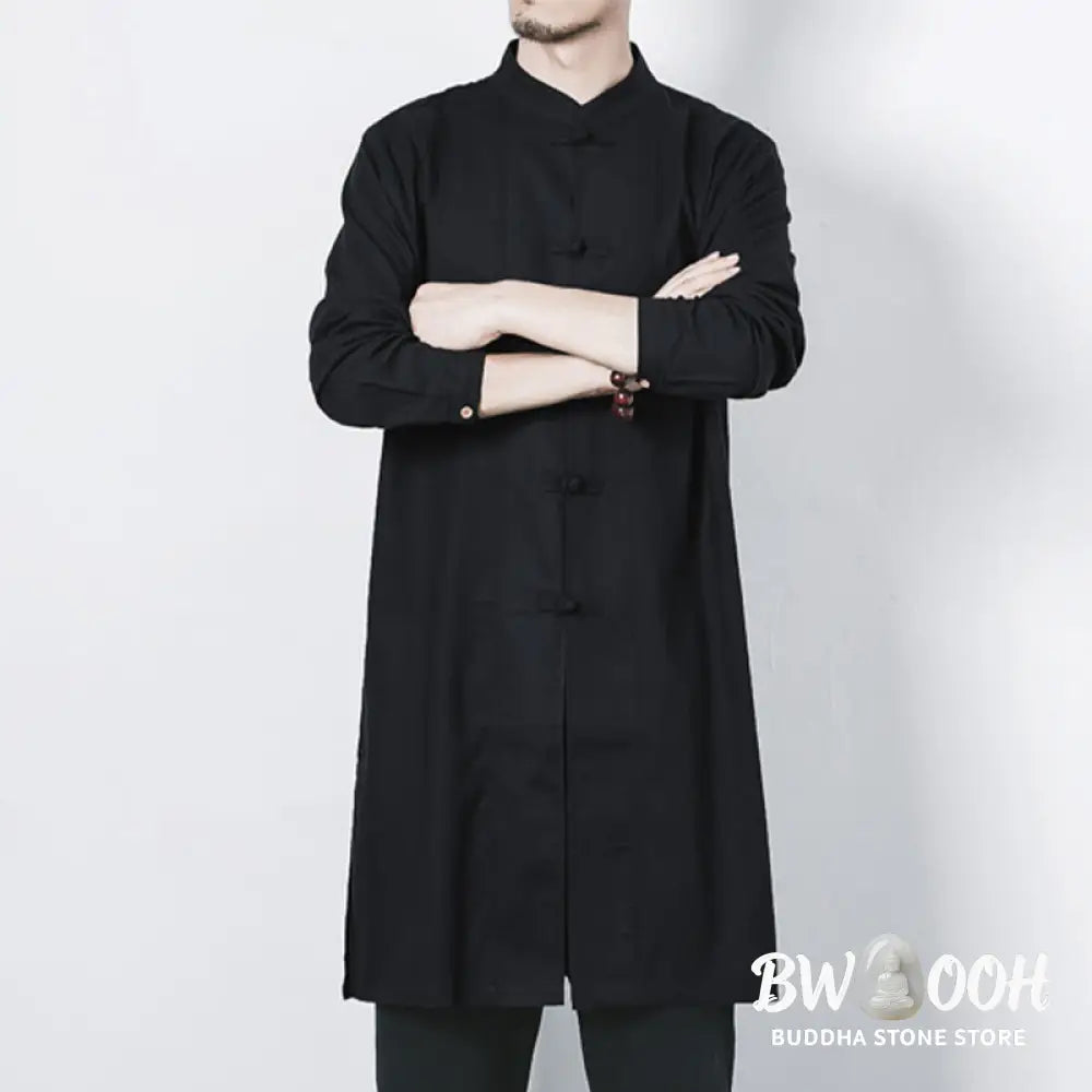 Buddha Stones Fall Simple Frog-Button Linen Men’s Mid-length Coat Zen Clothing - Men’s Coat