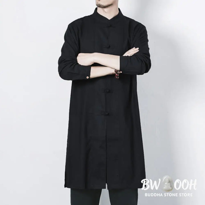 Buddha Stones Fall Simple Frog-Button Linen Men’s Mid-length Coat Zen Clothing - Men’s Coat