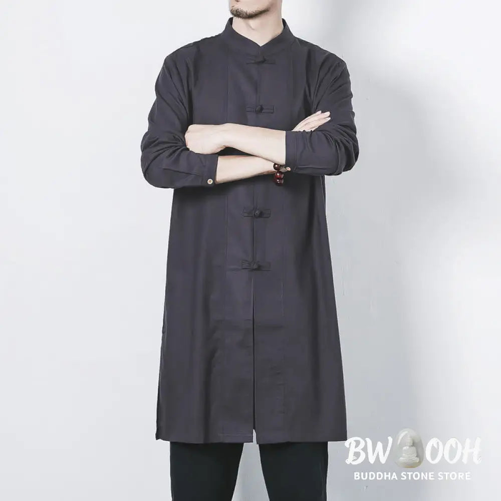 Buddha Stones Fall Simple Frog-Button Linen Men’s Mid-length Coat Zen Clothing - Men’s Coat