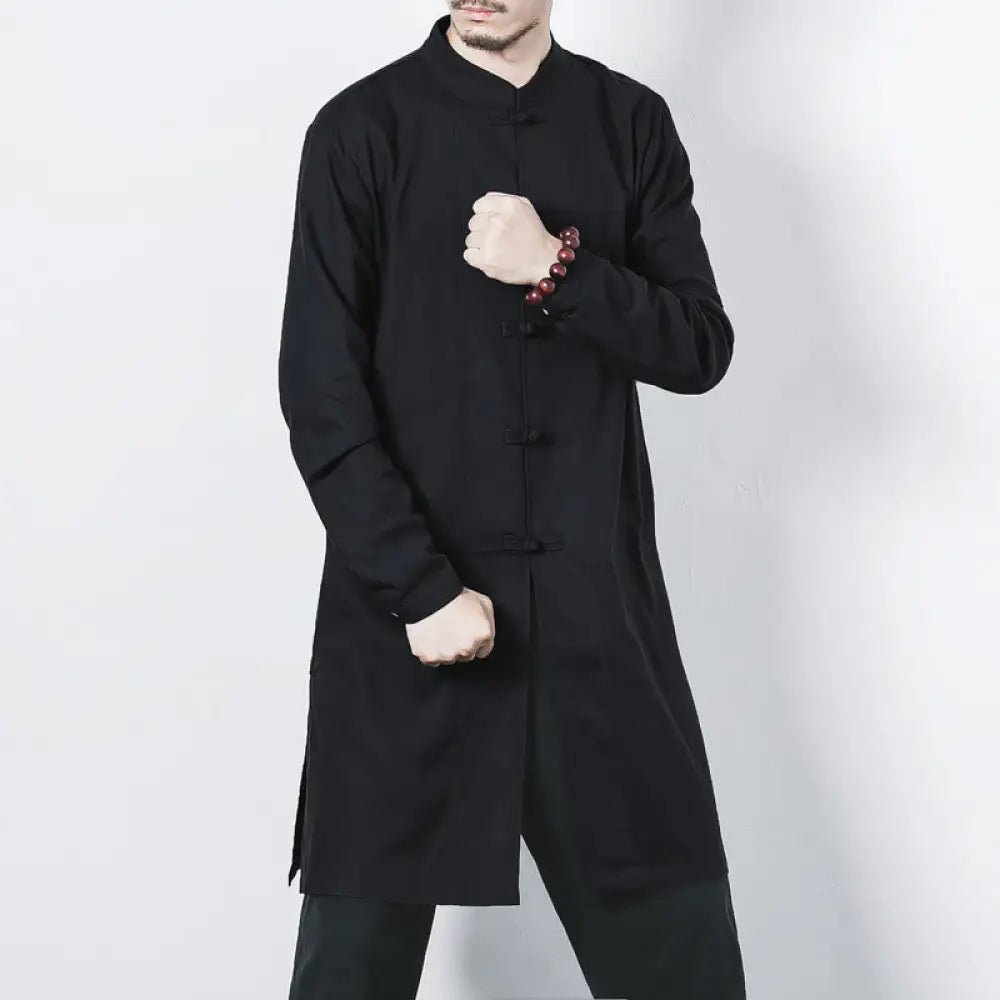Buddha Stones Fall Simple Frog-Button Linen Men’s Mid-length Coat Zen Clothing - Black / US/UK/AU38，EU48 (XL) - Men’s