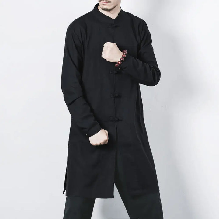 Buddha Stones Fall Simple Frog-Button Linen Men’s Mid-length Coat Zen Clothing - Black / US/UK/AU38，EU48 (XL) - Men’s
