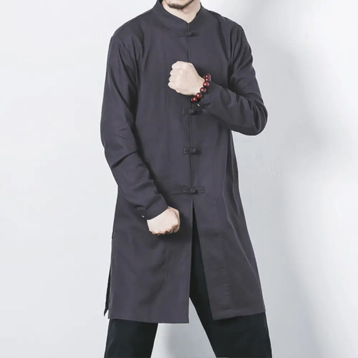 Buddha Stones Fall Simple Frog-Button Linen Men’s Mid-length Coat Zen Clothing - Gray / US/UK/AU38，EU48 (XL) - Men’s
