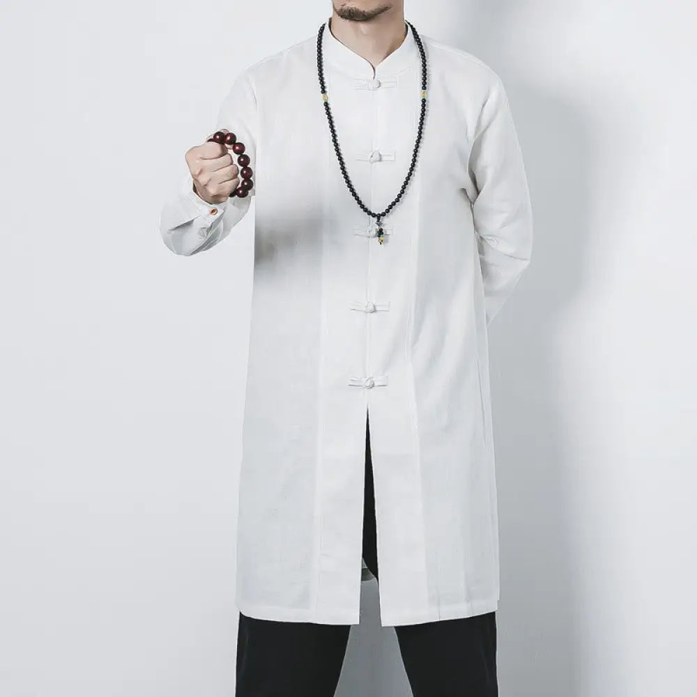Buddha Stones Fall Simple Frog-Button Linen Men’s Mid-length Coat Zen Clothing - White / US/UK/AU38，EU48 (XL) - Men’s