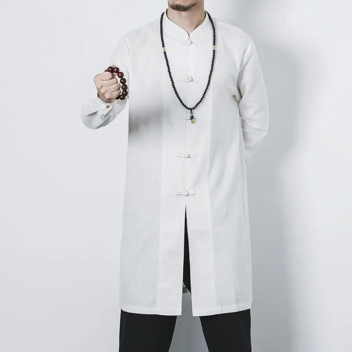 Buddha Stones Fall Simple Frog-Button Linen Men’s Mid-length Coat Zen Clothing - White / US/UK/AU38，EU48 (XL) - Men’s