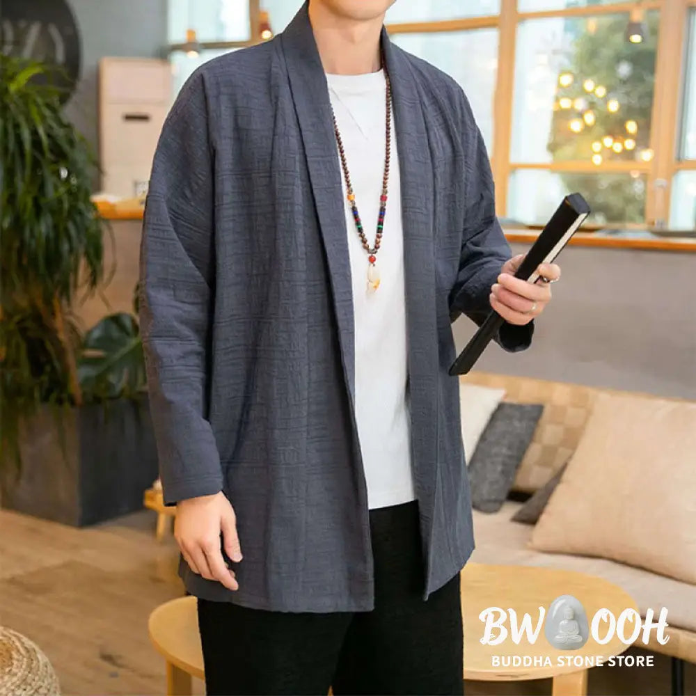 Buddha Stones Fall Simple Loose Plain Linen Blend Men’s Mid-length Coat Clothing - Men’s Coat