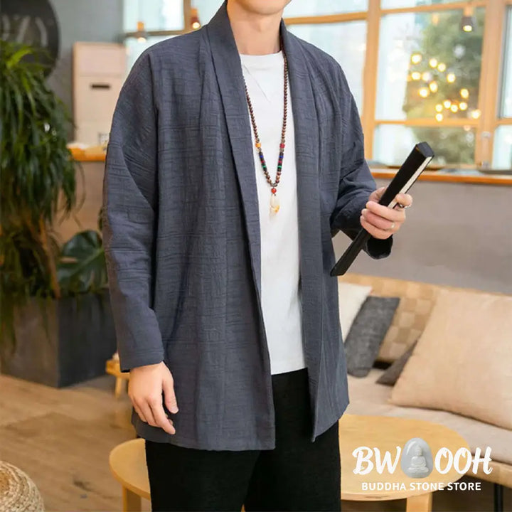 Buddha Stones Fall Simple Loose Plain Linen Blend Men’s Mid-length Coat Clothing - Men’s Coat