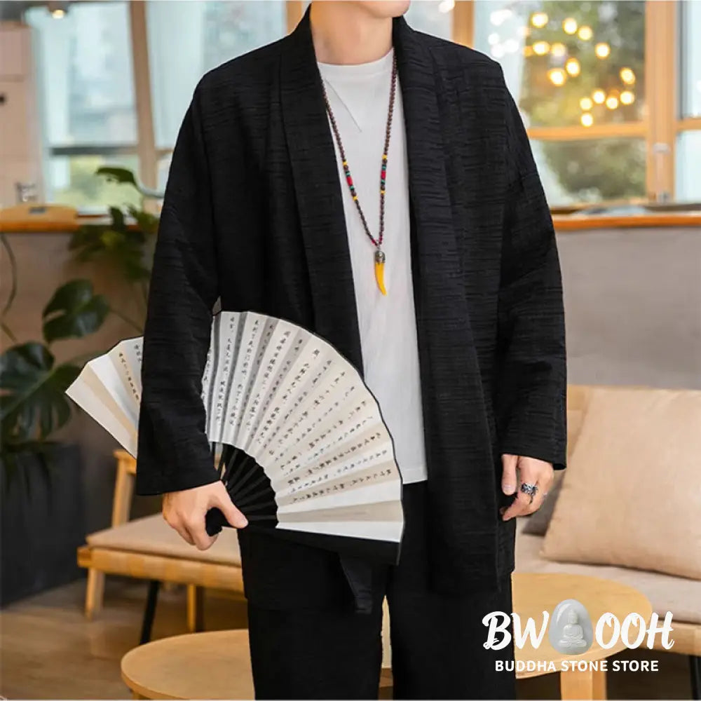 Buddha Stones Fall Simple Loose Plain Linen Blend Men’s Mid-length Coat Clothing - Men’s Coat