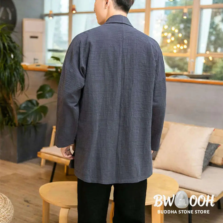 Buddha Stones Fall Simple Loose Plain Linen Blend Men’s Mid-length Coat Clothing - Men’s Coat