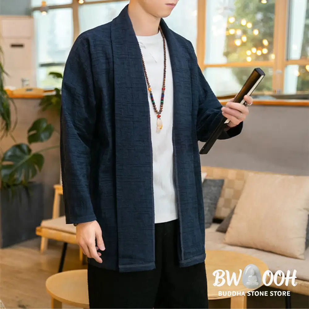 Buddha Stones Fall Simple Loose Plain Linen Blend Men’s Mid-length Coat Clothing - Men’s Coat
