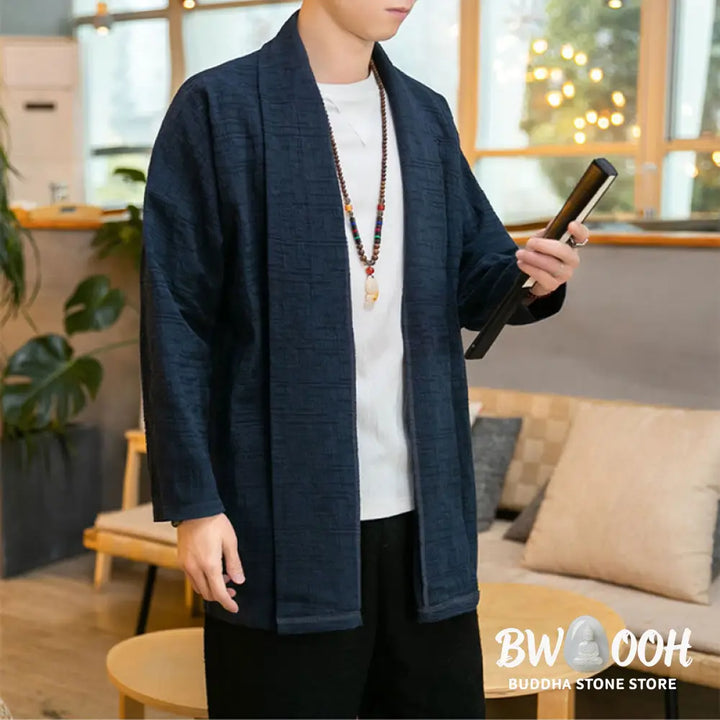 Buddha Stones Fall Simple Loose Plain Linen Blend Men’s Mid-length Coat Clothing - Men’s Coat