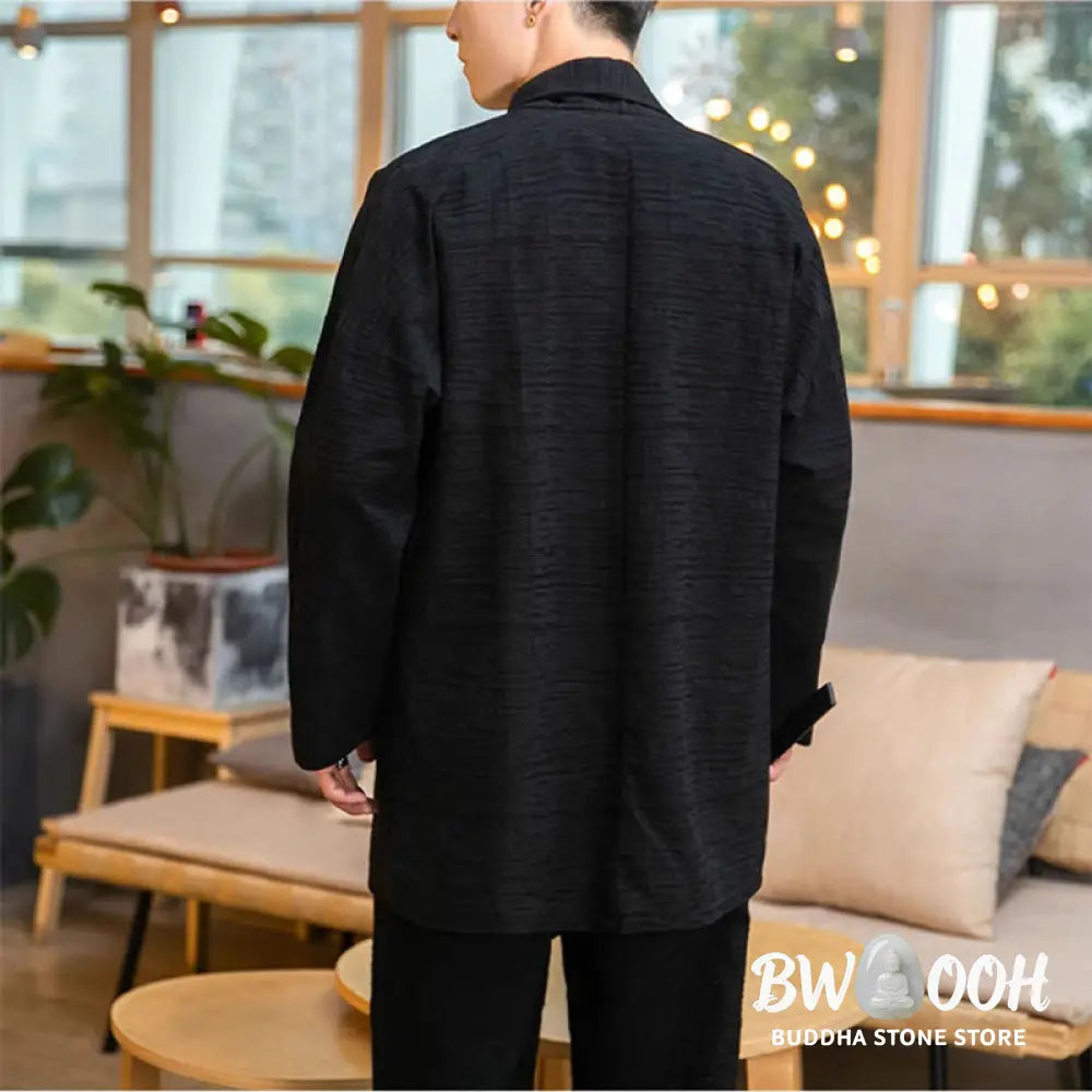 Buddha Stones Fall Simple Loose Plain Linen Blend Men’s Mid-length Coat Clothing - Men’s Coat