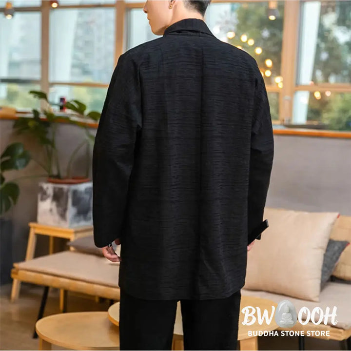 Buddha Stones Fall Simple Loose Plain Linen Blend Men’s Mid-length Coat Clothing - Men’s Coat