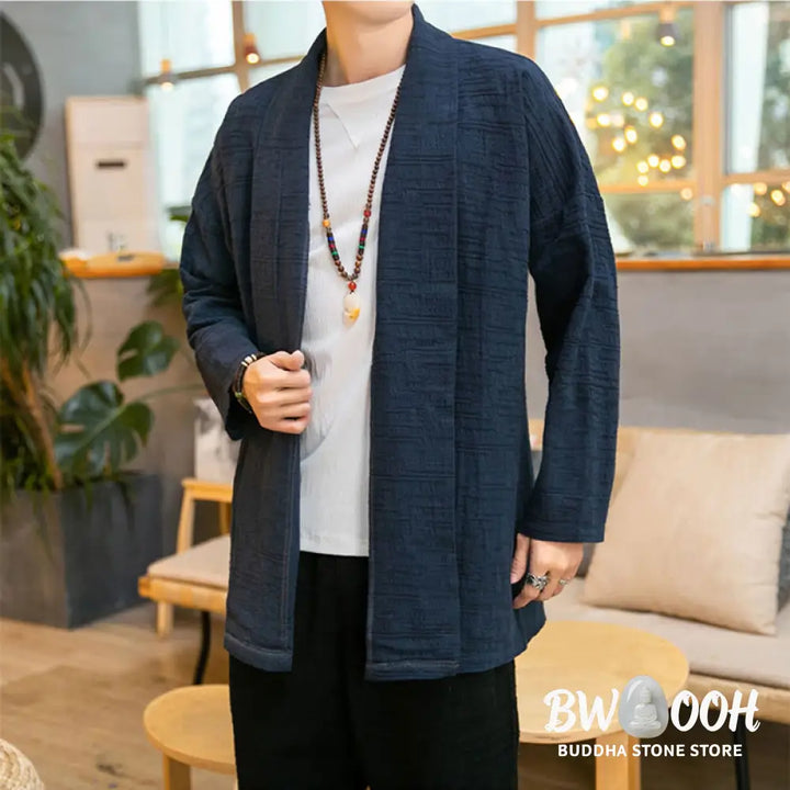 Buddha Stones Fall Simple Loose Plain Linen Blend Men’s Mid-length Coat Clothing - Men’s Coat