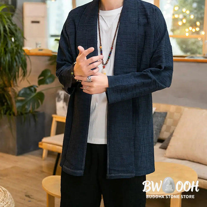 Buddha Stones Fall Simple Loose Plain Linen Blend Men’s Mid-length Coat Clothing - Men’s Coat