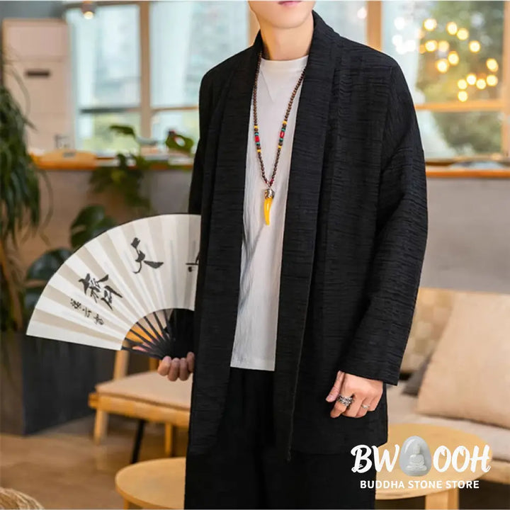 Buddha Stones Fall Simple Loose Plain Linen Blend Men’s Mid-length Coat Clothing - Men’s Coat