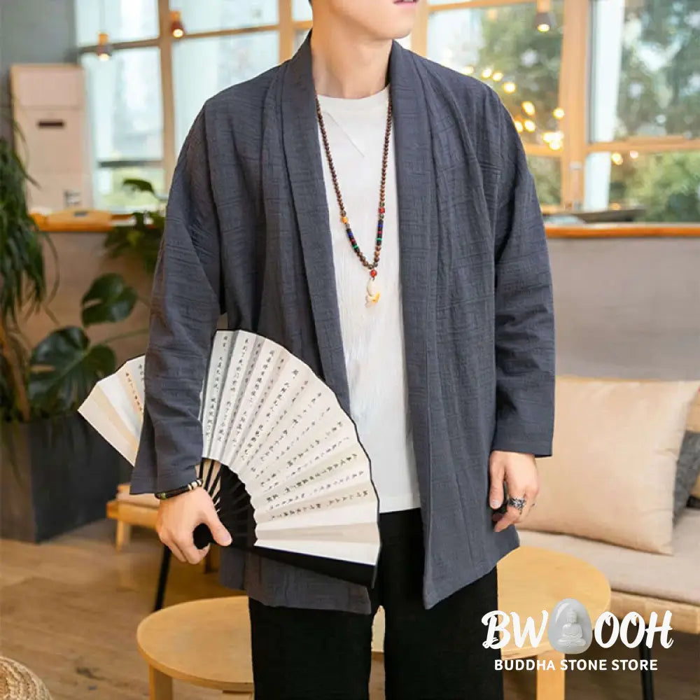 Buddha Stones Fall Simple Loose Plain Linen Blend Men’s Mid-length Coat Clothing - Men’s Coat