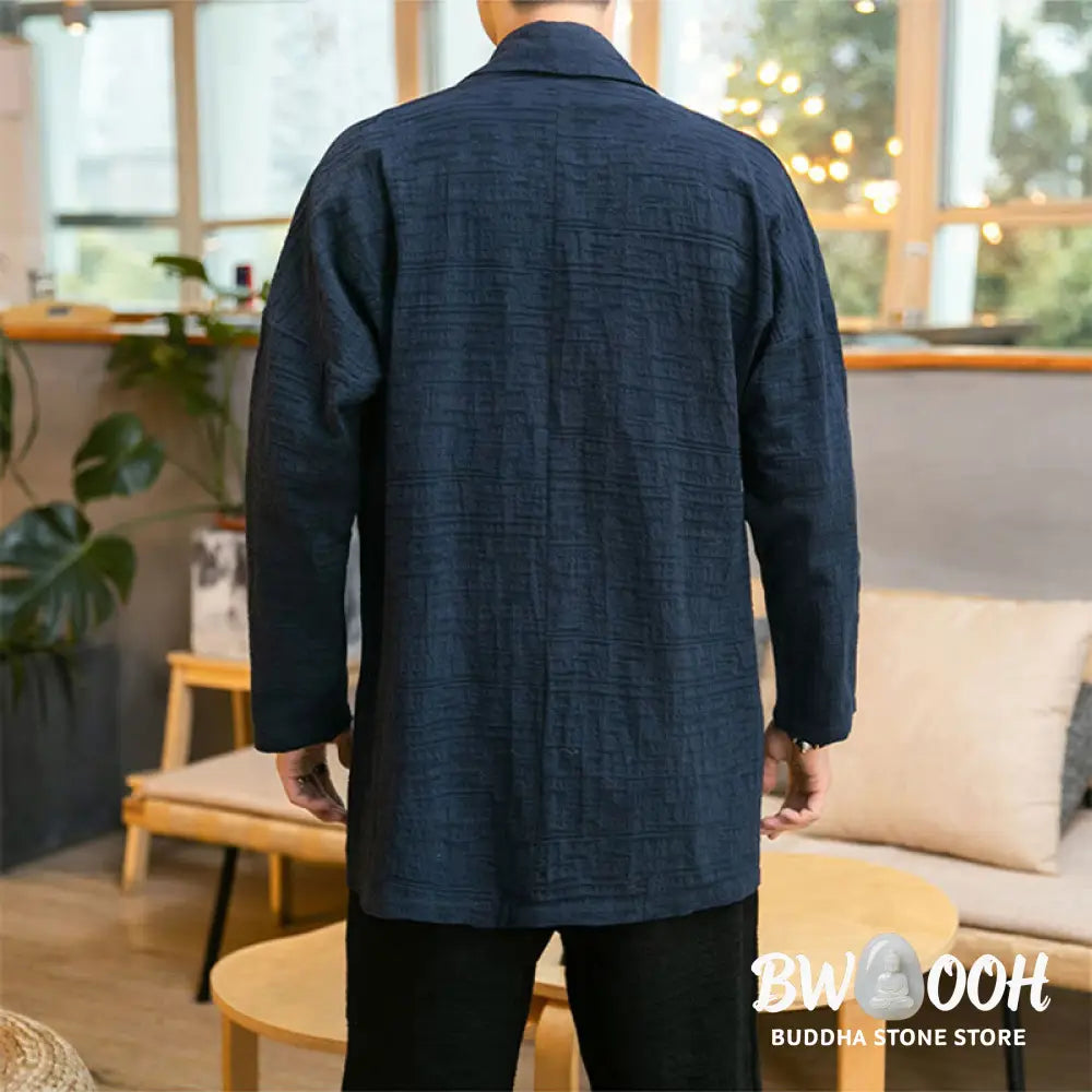 Buddha Stones Fall Simple Loose Plain Linen Blend Men’s Mid-length Coat Clothing - Men’s Coat