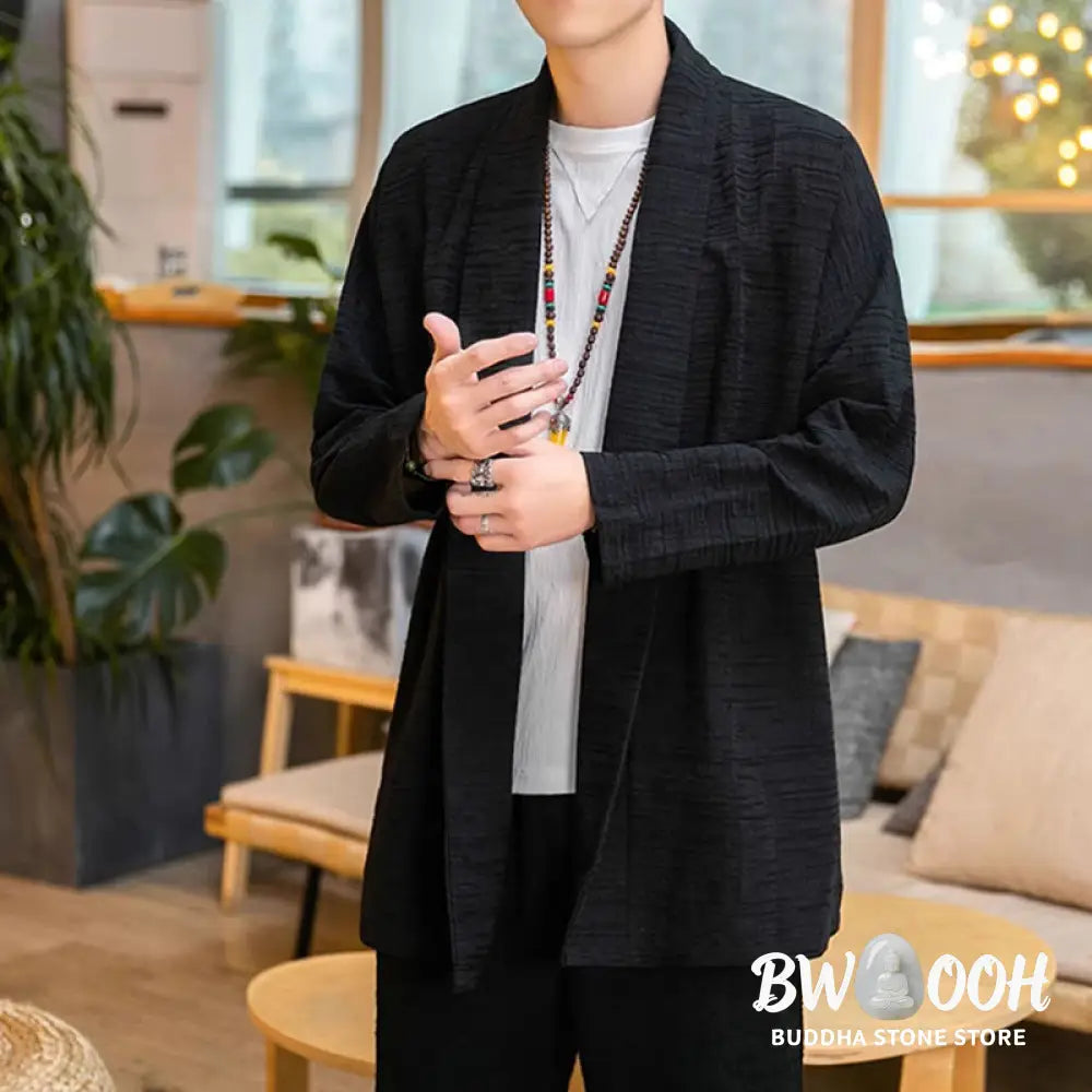 Buddha Stones Fall Simple Loose Plain Linen Blend Men’s Mid-length Coat Clothing - Men’s Coat