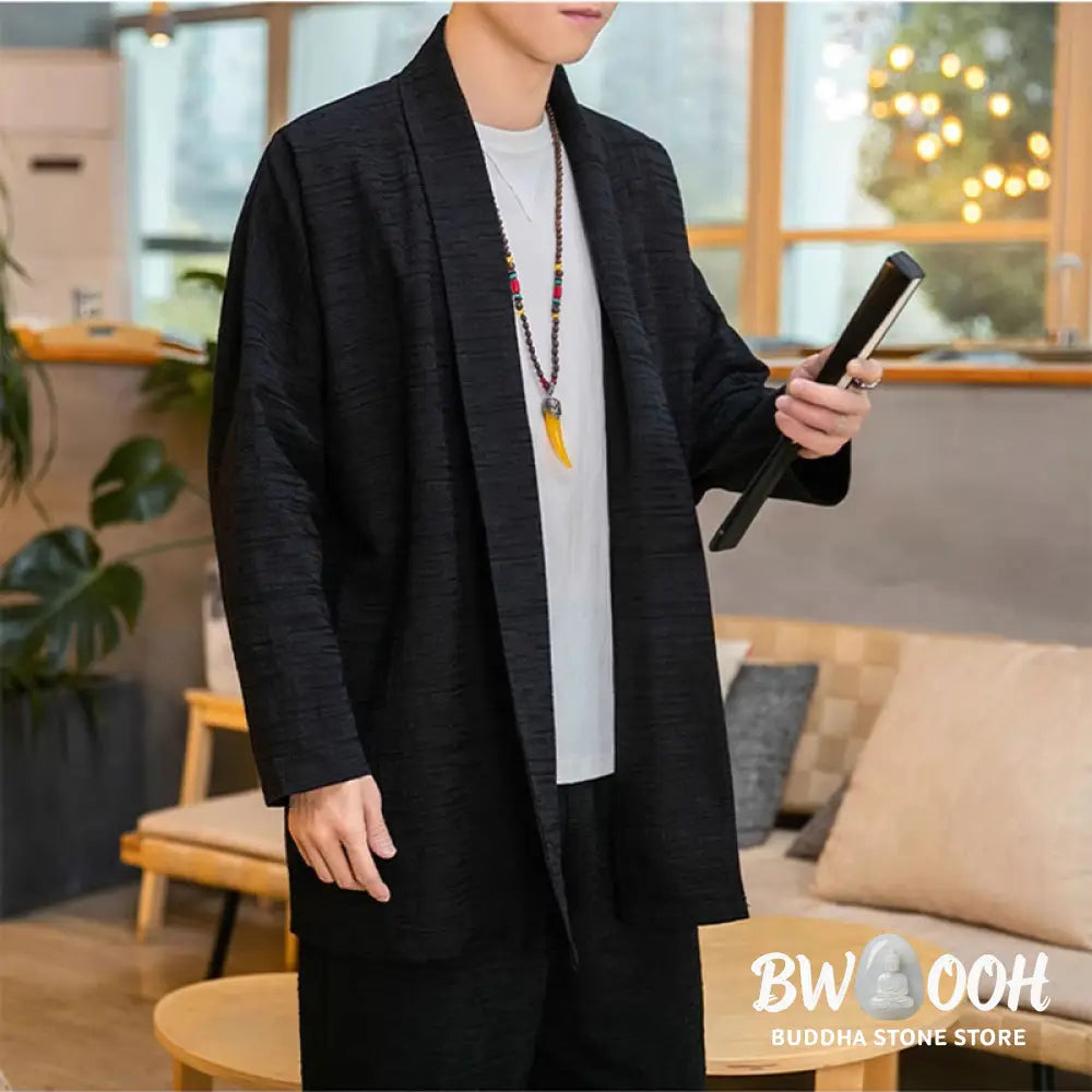 Buddha Stones Fall Simple Loose Plain Linen Blend Men’s Mid-length Coat Clothing - Men’s Coat