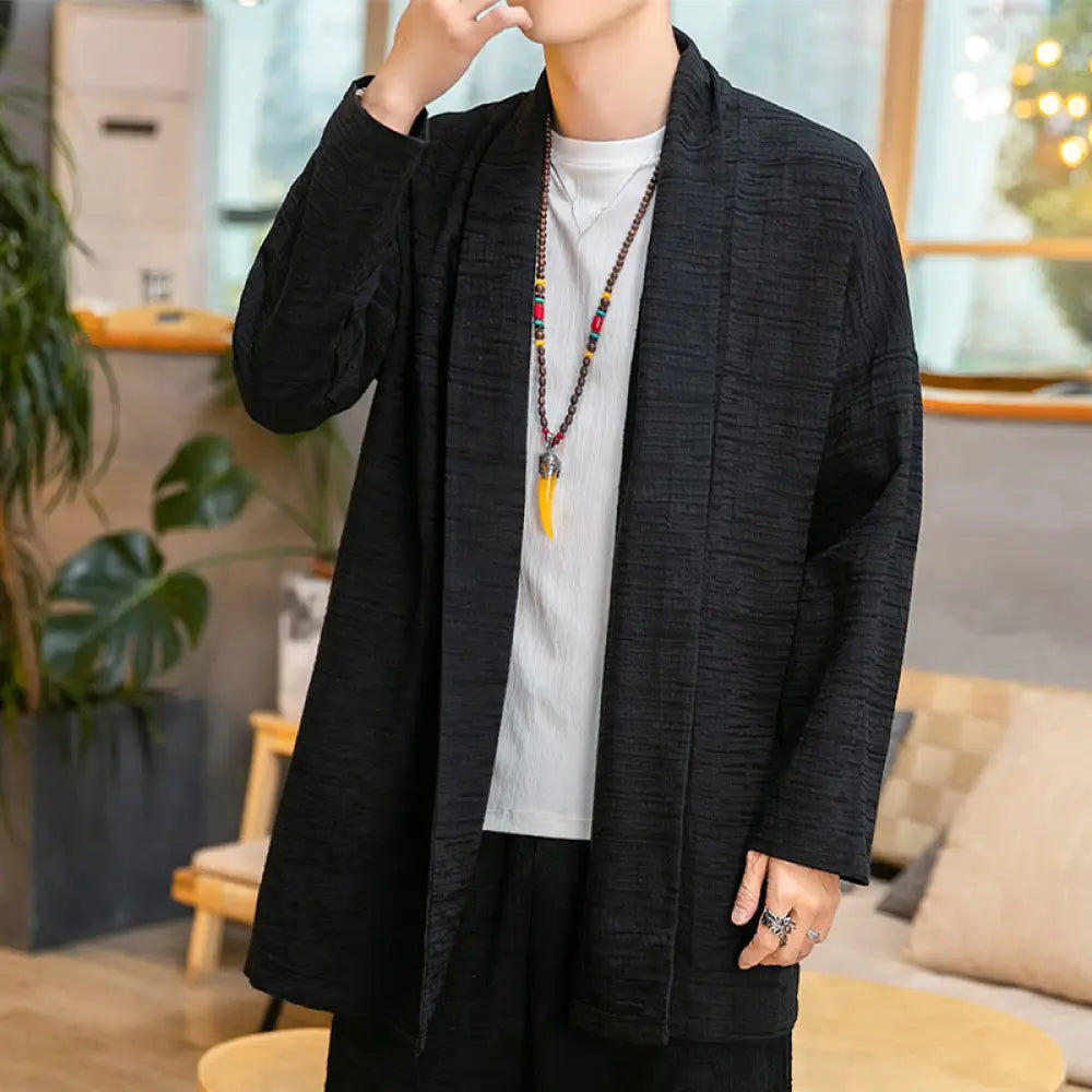 Buddha Stones Fall Simple Loose Plain Linen Blend Men’s Mid-length Coat Clothing - Black / US/UK/AU34，EU44 (M) - Men’s